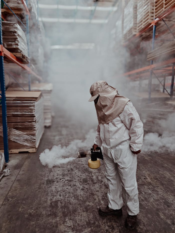 why-choose-us Exterminator performing fumigation in a warehouse. Safety gear and smoke management techniques in place.