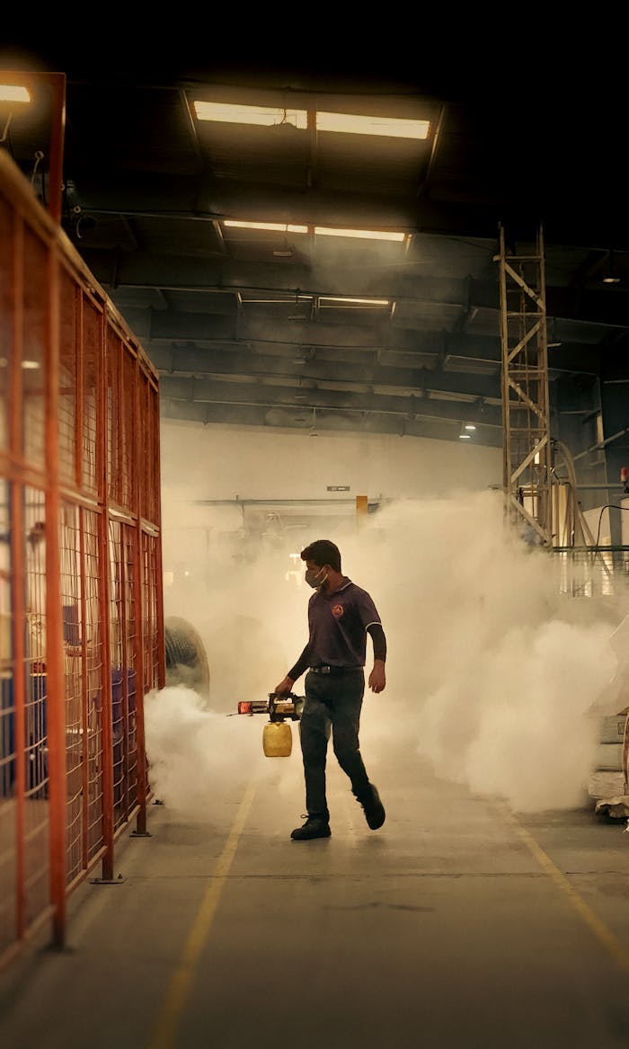 services-06 Worker fumigating inside a warehouse using a fogging machine for pest control.