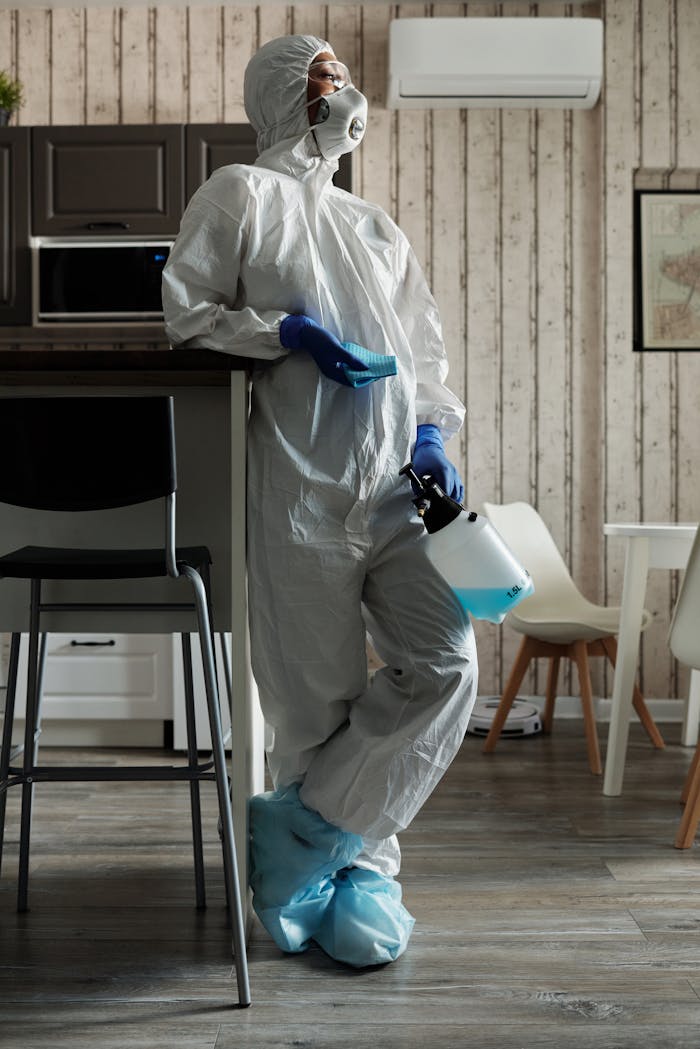 our-story Individual wearing full protective gear indoors with disinfectant spray equipment.