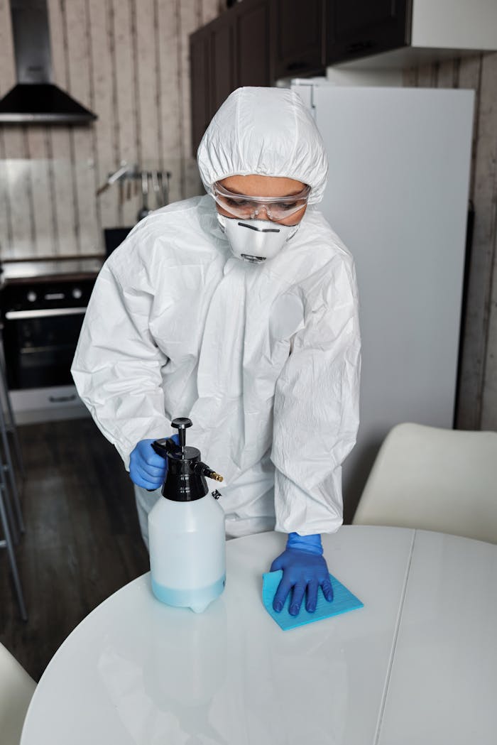 services-04 A person in full PPE disinfecting a table indoors for hygiene and safety.