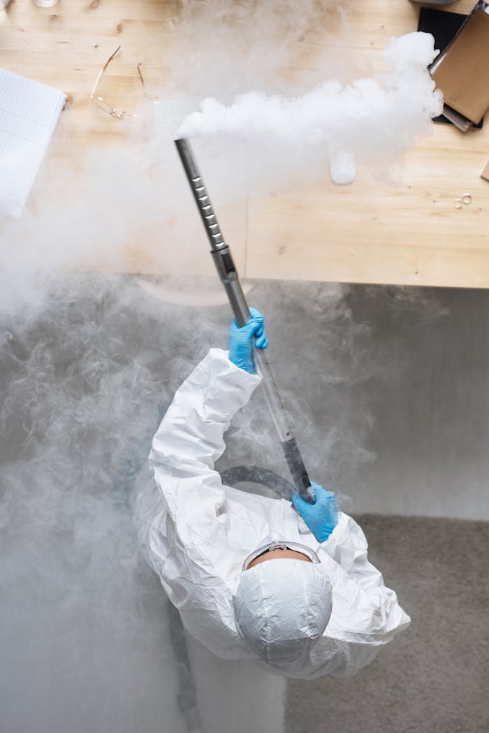 services-03 Overhead view of a person in safety gear fumigating a room, emitting white smoke for disinfection.